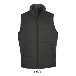 A men's puffer vest in dark grey, featuring a zip closure and a collar, with a logo at the bottom.
