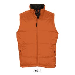An orange puffer vest featuring a zip front, stand collar, and side pockets, with a logo on the bottom.