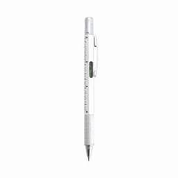 A clear pen with a silver grip, featuring a ruler on the barrel and a clip for attachment.