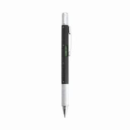 A black and silver pen with a ruler and spirit level incorporated into the design.