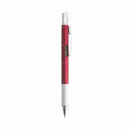 A red pen with a silver clip and tip, featuring a ruler along its side and a translucent body section.