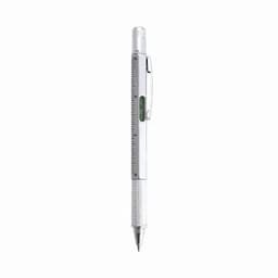 A pen with a silver metallic finish, featuring a ruler and spirit level on the side, and a clip at the top.