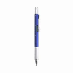 A blue multi-functional pen featuring a ruler, level, and a silver clip.