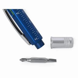 A blue multi-tool pen with a removable silver screwdriver tip and a protective cap.