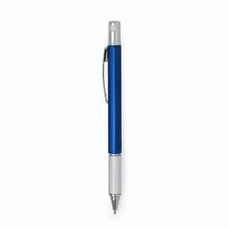A blue pen with a silver clip and grip, featuring a textured silver barrel and a logo.
