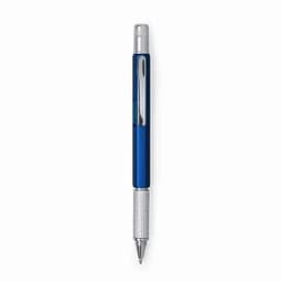 A pen with a blue barrel and silver accents, featuring a clip and knurled grip.