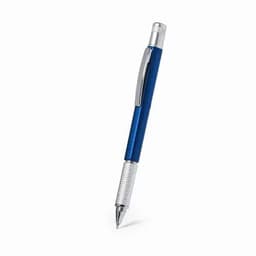 A blue pen with a silver clip and textured grip, featuring a sleek design and a shiny finish.