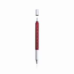 A red and silver pen with a removable cap. The pen features a metal grip for comfort.