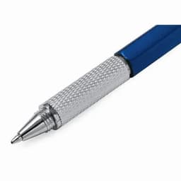 A blue pen features a silver grip and a metal tip, showcasing a sleek and modern design.