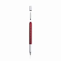 A red multifunction pen with a removable cap and a visible ink cartridge. It features a silver grip and clip.