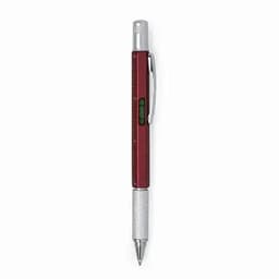 A mechanical pen in a deep red colour with silver accents and a built-in level. It features a ruler along the side.