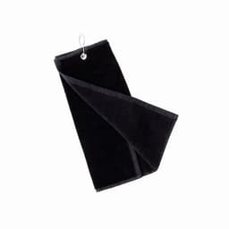 A black towel with a clip. It is folded and features a textured surface.