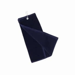 A navy blue towel with a loop for hanging, featuring a soft, textured surface.