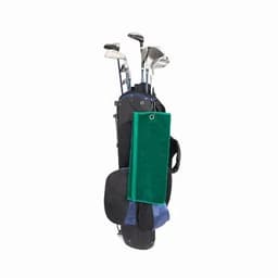 A green golf towel is attached to a black and blue golf bag displaying golf clubs. The towel features a logo.
