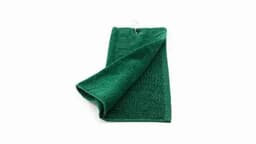 A green golf towel with a textured surface and a hanging loop. It has a simple design with no visible branding.