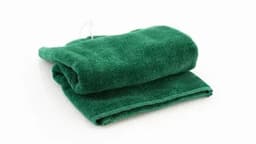 A folded green golf towel with a hanging loop, featuring a logo. Ideal for on-course use.