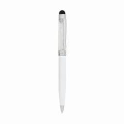 A pen with a clear glitter-filled top, featuring a white barrel and a silver clip.