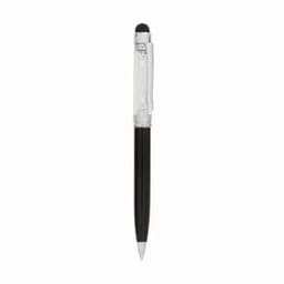A black pen with a transparent decorative cap and a touch screen stylus at the top. It features a metal clip.