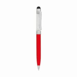 A red pen with a clear body and silver accents, featuring a stylus tip for touchscreens.