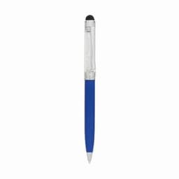 A blue pen with a clear barrel and a black stylus tip, featuring a silver pen point. It has a branding logo on it.