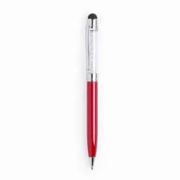 A red pen with a clear grip and a stylus tip, featuring silver accents.