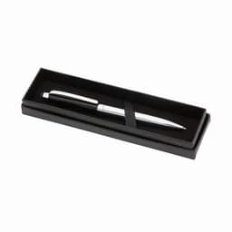 A pen with a silver and black design, presented in a sleek black gift box. The pen features a subtle logo.