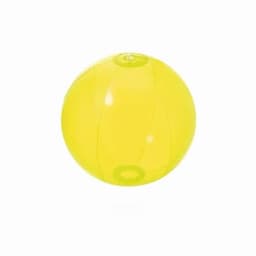 A bright yellow inflatable beach ball with a glossy finish and translucent sections.