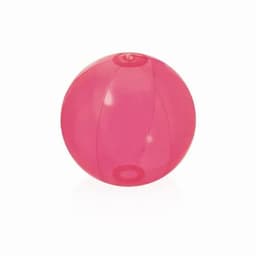 A pink inflatable beach ball with a glossy finish and a circular shape. It features contrasting segments.