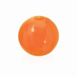 An orange beach ball with a shiny surface and a round shape, featuring a small inflation valve.