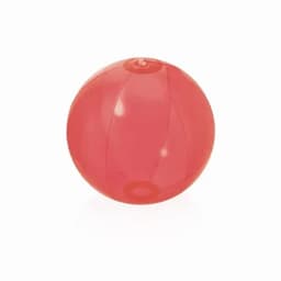 A red beach ball with a glossy surface, spherical shape, and smooth texture. It has a small inflation valve.