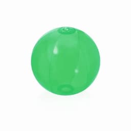 A green inflatable beach ball with a smooth, glossy surface. It features a simple, round shape.