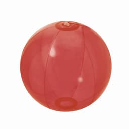 A red beach ball with a glossy surface and clear panels. It features a standard round shape.