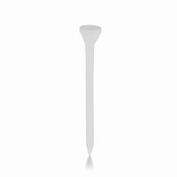 A golf tee in white, featuring a cone-shaped top and a slender stem.