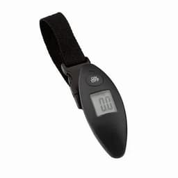 A digital luggage scale in black with a strap and a display showing numerical readings.