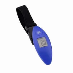 A digital luggage scale in blue with a black strap, featuring a small display and an on/off button.