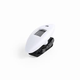 A white electronic device with a digital display, mounted on a black strap. Features an ON/OFF button.