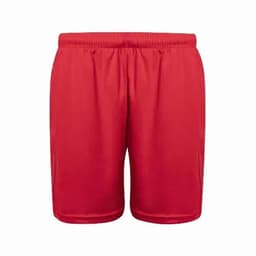 Red sports shorts with an elastic waistband and side pockets. The shorts feature a logo on the front.