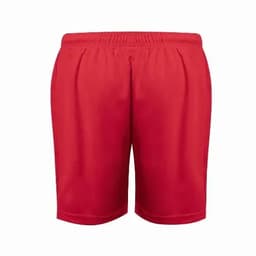 Red sports shorts made of lightweight material, featuring an elastic waistband and a branding logo.