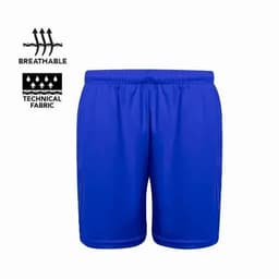 A pair of bright blue sports shorts made from breathable technical fabric, featuring a logo on the waistband.
