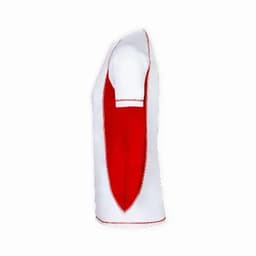 A sleeveless apron featuring a white outer layer and a red interior, with a pocket on one side and a branded logo.