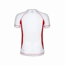 A fitted sports shirt in white with red side panels, featuring short sleeves and a round neck design.