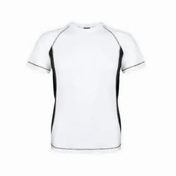 A fitted athletic shirt in white with black side panels and a reflective trim, featuring a logo on the front.