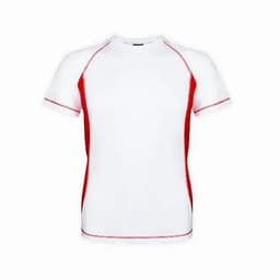 A short-sleeved t-shirt in white with red side panels and stitching, featuring a logo on the front.