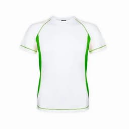 A short-sleeved sports shirt in white with green accents along the seams. It has a fitted design and logo branding.