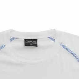 A white shirt with blue stitching detail and a tag displaying branding, featuring a round neckline.