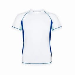 A short-sleeved sports shirt in white with blue sides and a logo on the chest.