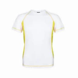 A short-sleeved athletic shirt in white with yellow side accents and a logo on the chest.