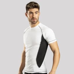 A white and black short-sleeved T-shirt with contrasting side panel design and a logo on the chest.