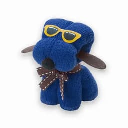 A plush blue dog figure wearing yellow sunglasses and a brown checked bow tie. It has brown floppy ears.