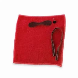 A red cleaning cloth with a brown strap and a needle and button attached. The cloth has a stitched edge.